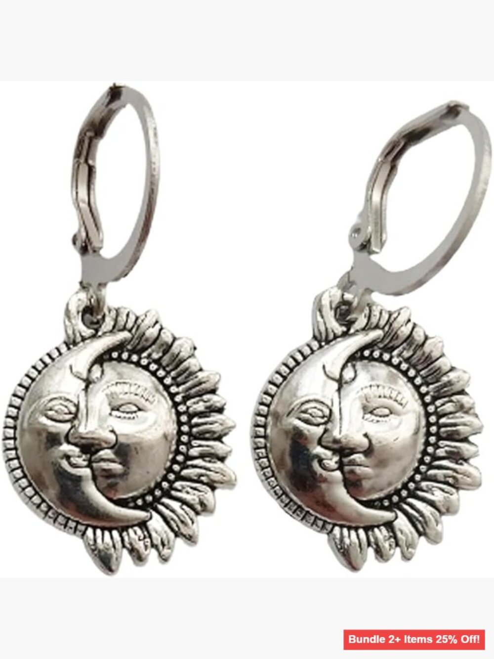 Vintage Bohemian Sun Moon Leverback Earrings Non-Precious Metal